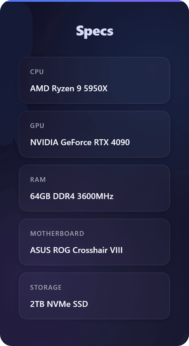 PC specifications panel showing AMD Ryzen 9 5950X CPU, NVIDIA GeForce RTX 4090 GPU, 64GB DDR4 3600MHz RAM, ASUS ROG Crosshair VIII motherboard, and 2TB NVMe SSD storage