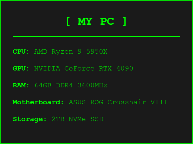 PC specifications panel showing AMD Ryzen 9 5950X CPU, NVIDIA GeForce RTX 4090 GPU, 64GB DDR4 RAM, ASUS ROG Crosshair VIII motherboard, and 2TB NVMe SSD storage