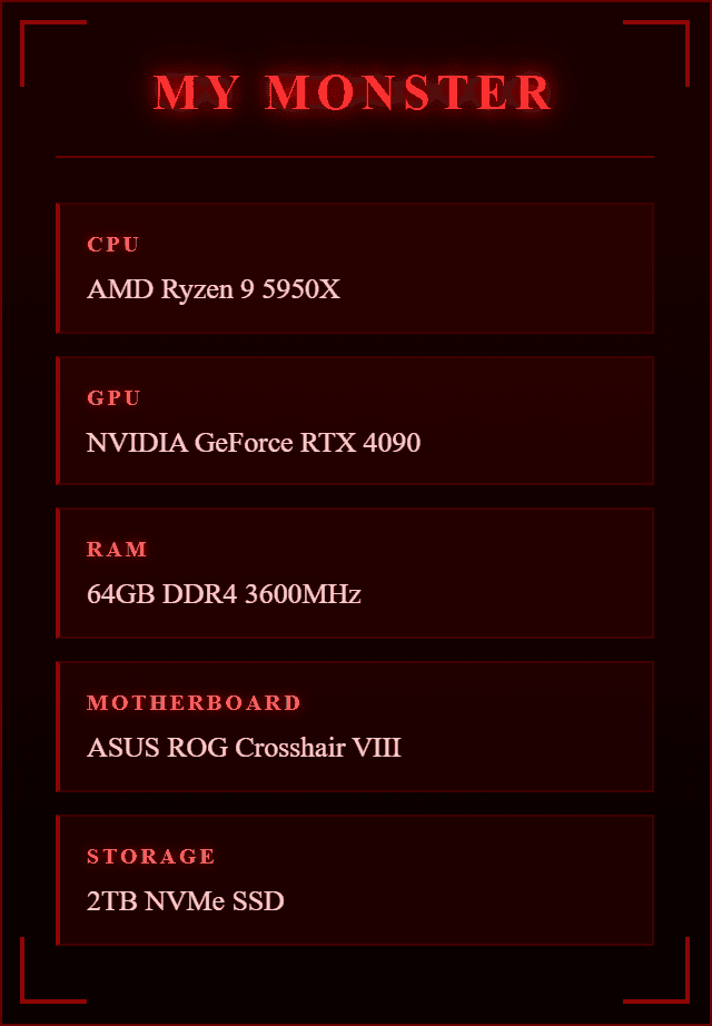 Gaming PC specifications panel titled 'My Monster' showing AMD Ryzen 9 5950X CPU, NVIDIA GeForce RTX 4090 GPU, 64GB DDR4 3600MHz RAM, ASUS ROG Crosshair VIII motherboard, and 2TB NVMe SSD storage with red accent styling on dark background