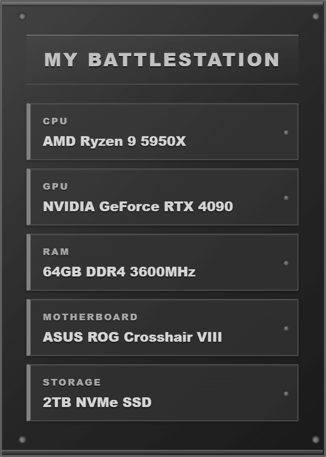 My Battlestation PC specifications panel showing AMD Ryzen 9 5950X CPU, NVIDIA GeForce RTX 4090 GPU, 64GB DDR4 3600MHz RAM, ASUS ROG Crosshair VIII motherboard, and 2TB NVMe SSD storage