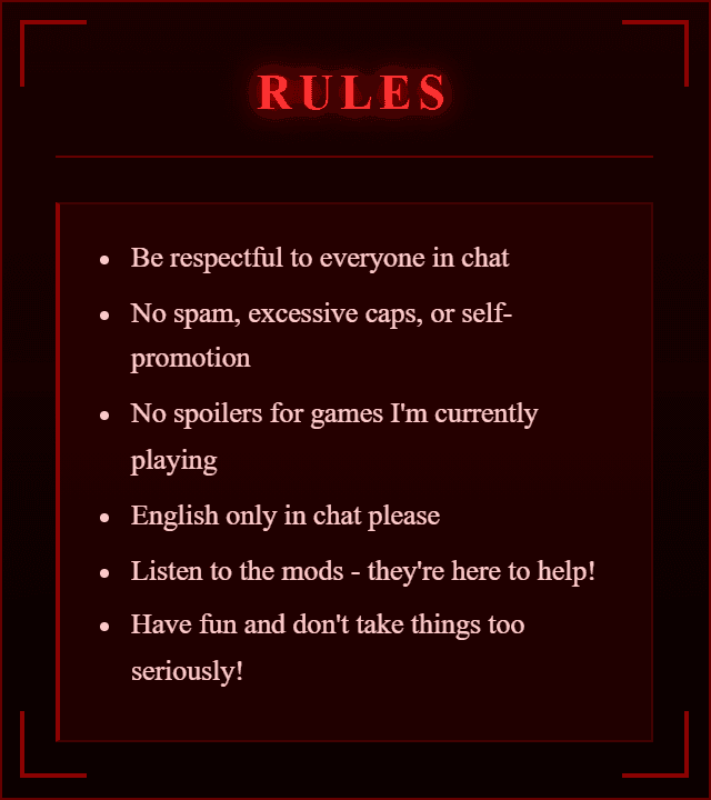 Twitch chat rules panel with red and black design listing six community guidelines: be respectful, no spam or self-promotion, no spoilers, English only, listen to mods, and have fun