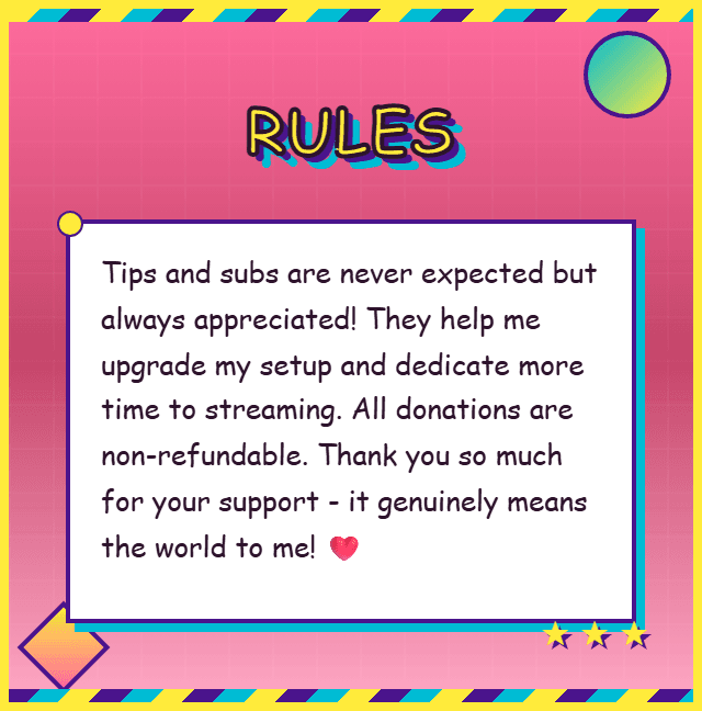 Tips and donations panel for Twitch streamer - colorful retro design with pink background, rainbow striped border, and text explaining that tips and subs help upgrade streaming setup and are non-refundable