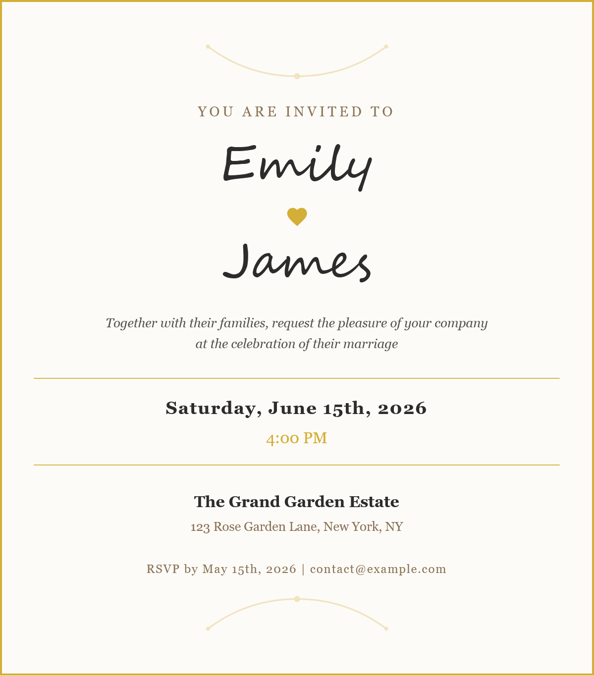 A rectangular wedding invitation with a cream background and gold lettering. At the top, it reads "YOU ARE INVITED TO" in a delicate gold script font, followed by the names "Emily" and "James" also in a gold script, with a gold heart symbol between them.