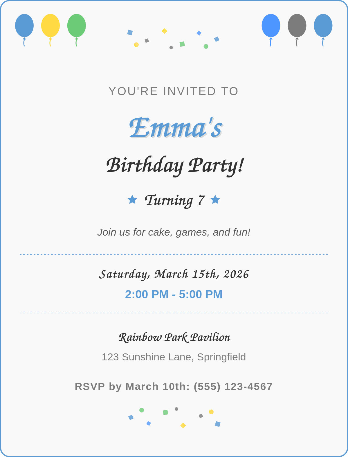A rectangular birthday invitation with a colorful confetti background. At the top, it reads 'You're Invited to' in a playful font, followed by 'Birthday Party!' in a larger, bold font. The card includes details such as the birthday person's name, age, party date and time, venue, additional text, and RSVP information, all arranged in a festive layout.