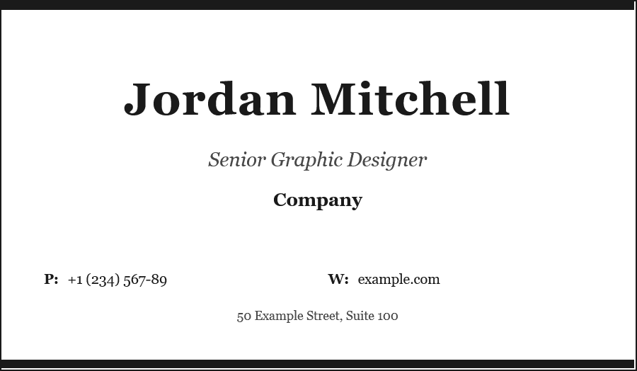 Professional business card design with clean layout featuring centered name and title, bordered frame, and organized contact information sections at bottom.
