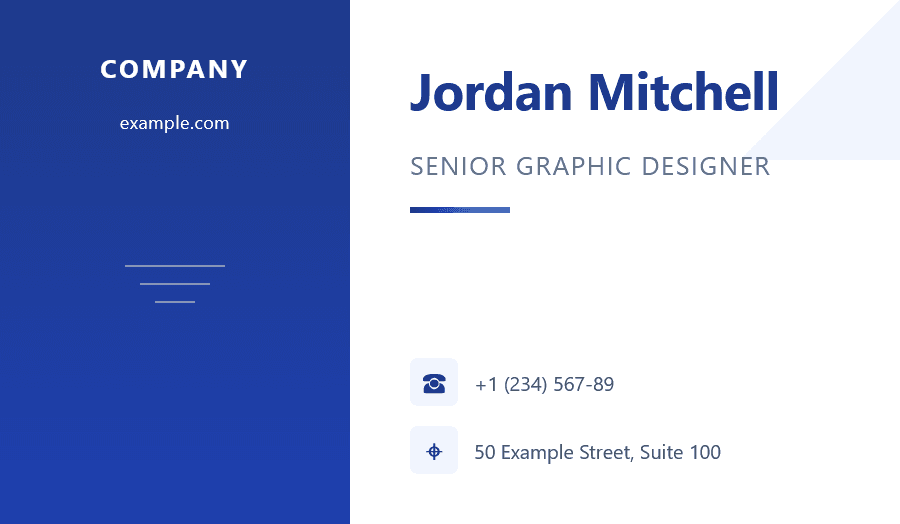 Modern business card design with blue sidebar and white content area featuring minimalist geometric elements