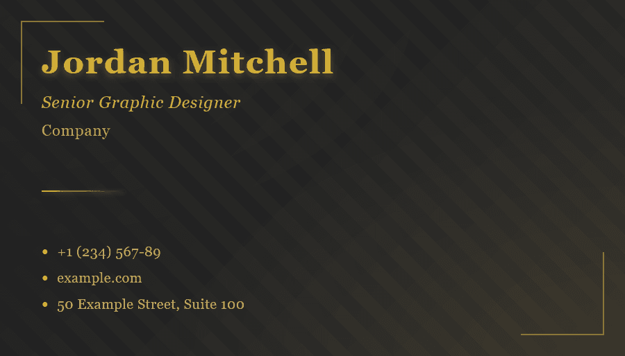 A dark-themed business card design featuring a minimalist layout with golden accents, including a decorative corner border and thin horizontal lines creating elegant visual separation between sections