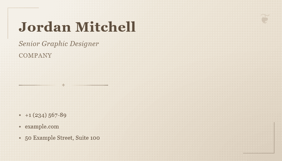 Professional business card design with elegant serif typography on a beige textured background, featuring minimalist decorative elements and a clean layout with subtle divider lines