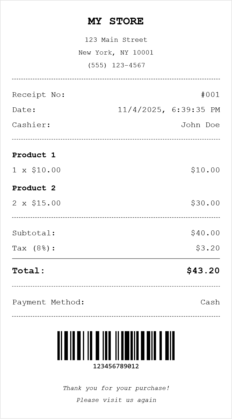 Sample receipt generated by Receipt Generator tool showing store details, items, prices, totals, and barcode