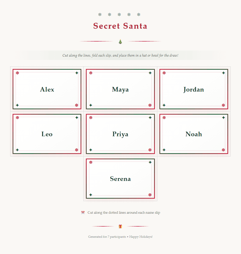 Example of generated Secret Santa slips. The image displays seven individual slips, each with a participant’s name centered within a red border. Names are: Alex, Maya, Jordan, Leo, Priya, Noah, and Serena. Instructions read 'Cut along the lines, fold each slip, and place them in a hat or bowl for the draw!' Below the slips is text indicating it's generated for 7 participants and wishes ‘Happy Holidays!'