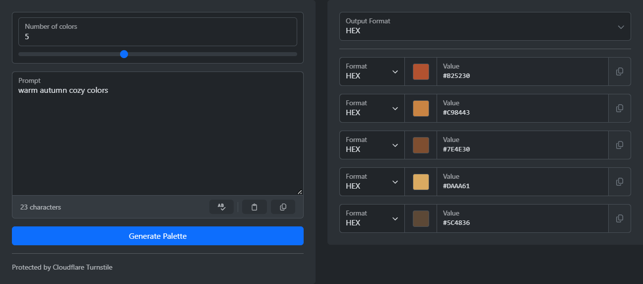 AI color palette generator showing five generated swatches for the prompt warm autumn cozy colors