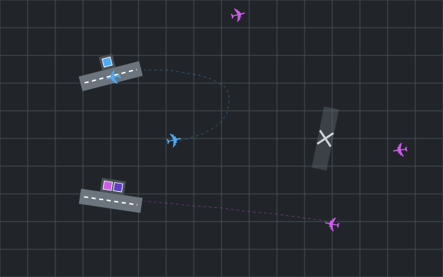 A top‑down view of a simple plane landing game on a dark grid background, showing several small colored airplanes and a few short gray runways with dashed centerlines.