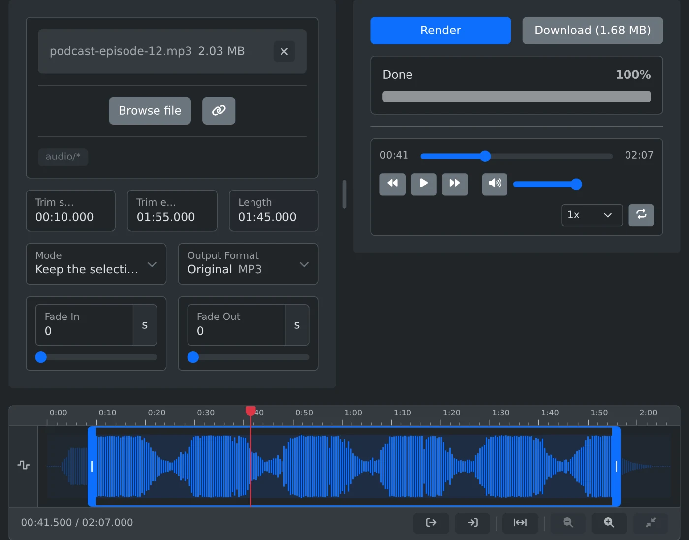 Audio cutter with a 2 minute podcast MP3, the part from 00:10 to 01:55 selected on the waveform and rendered to an MP3 of 1.68 MB