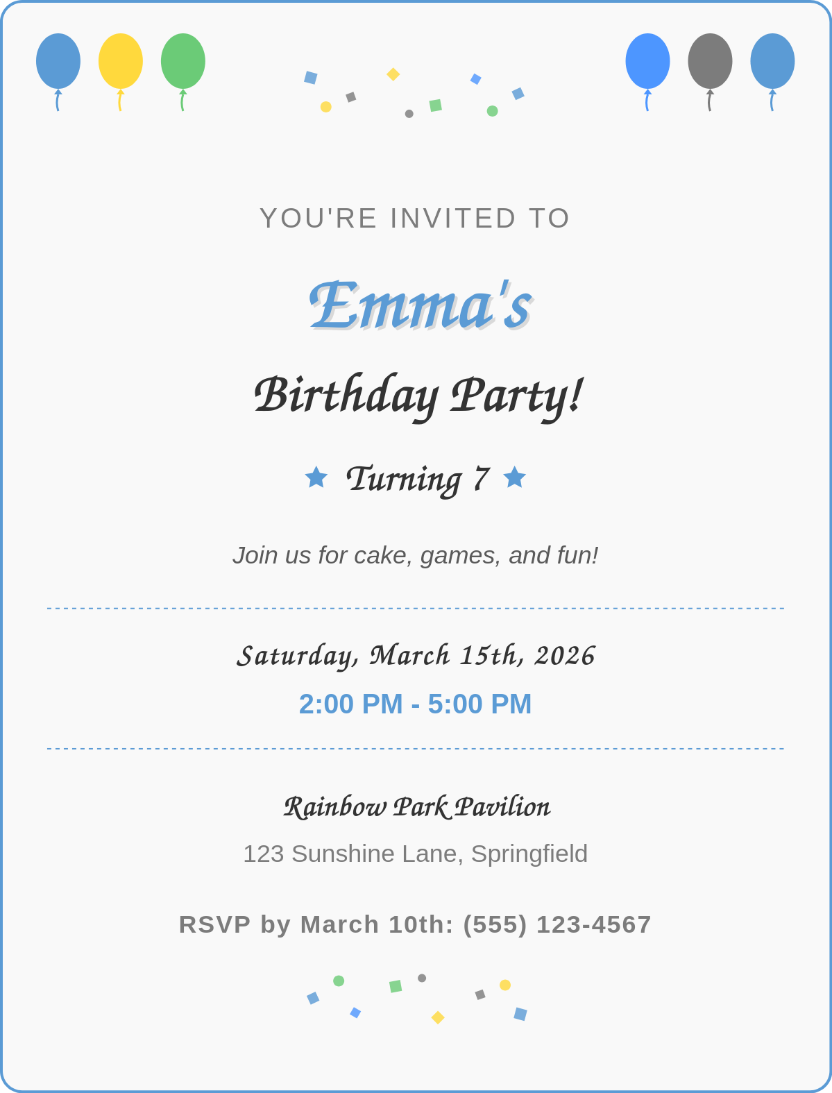 A rectangular birthday invitation with a colorful confetti background. At the top, it reads 'You're Invited to' in a playful font, followed by 'Birthday Party!' in a larger, bold font. The card includes details such as the birthday person's name, age, party date and time, venue, additional text, and RSVP information, all arranged in a festive layout.