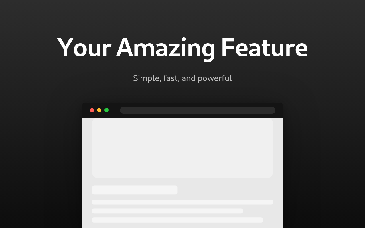 A promotional image showcasing a sample screenshot for a Chrome Web Store extension. A dark grey background supports a white rectangle representing a browser window. The window displays placeholder content for what an extension's UI might look like. At the top, bold white text reads “Your Amazing Feature” above a smaller line of text saying “Simple, fast, and powerful.” The browser has basic navigation controls displayed. This is an example from a "Chrome Web Store Screenshot Generator" tool.