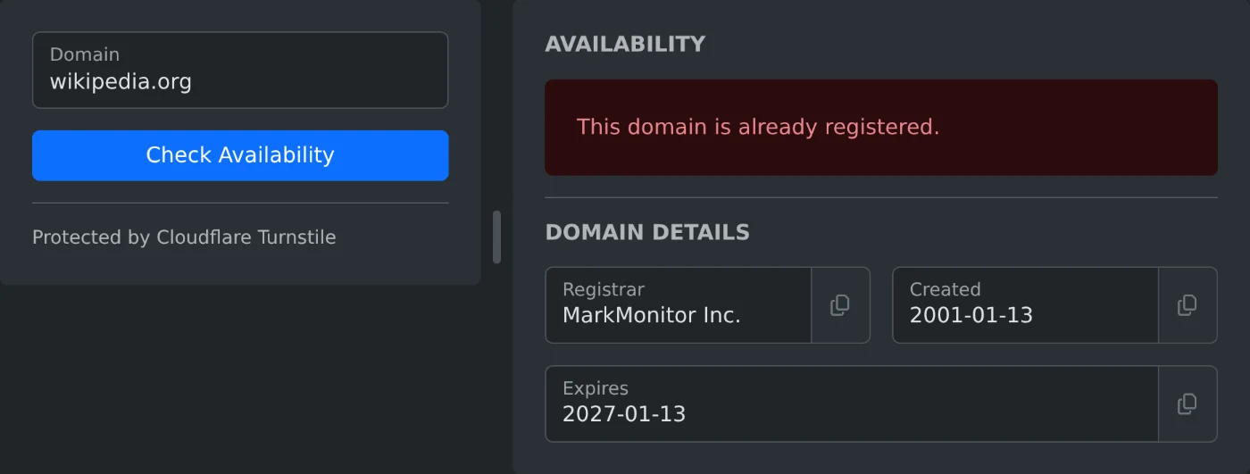 Domain Availability Checker showing that wikipedia.org is already registered, with MarkMonitor Inc. as the registrar, created 2001-01-13 and expiring 2027-01-13