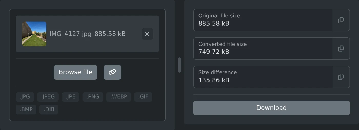 EXIF data remover with an iPhone photo of 885.58 kB loaded and a clean copy of 749.72 kB ready to download