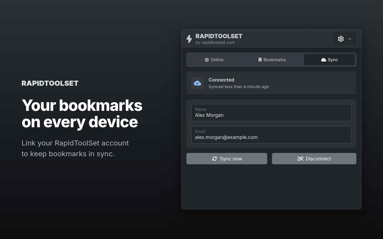 Uzantı açılır penceresinin bir RapidToolSet hesabına bağlı Senkronizasyon sekmesi; Şimdi senkronize et ve Bağlantıyı kes düğmeleriyle.