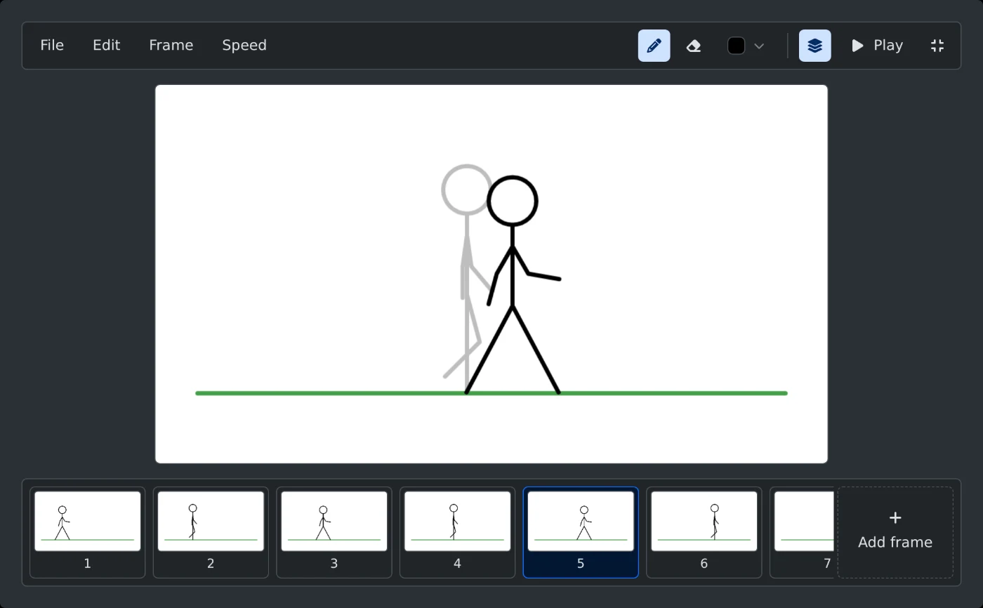 The same stickman walk in full screen, with the menu bar on top, a larger canvas and the film strip at the bottom