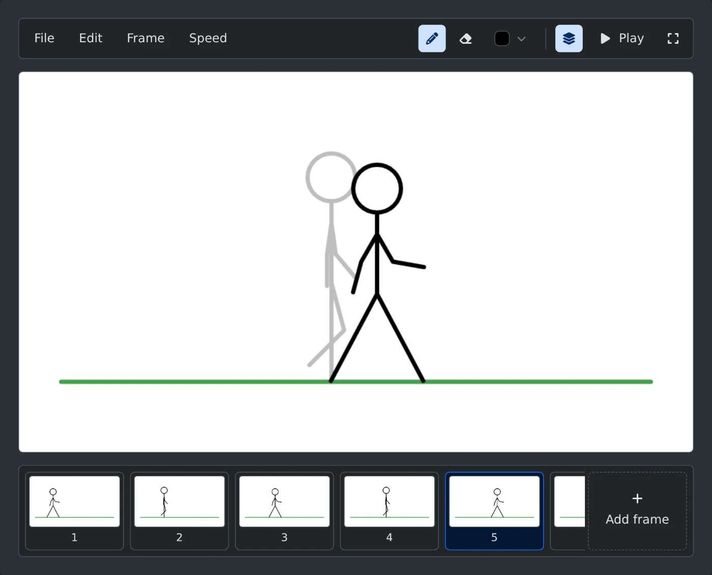 Flipbook Animation Maker on frame 5 of an eight frame stickman walk, with frame 4 faded beneath it and the film strip below