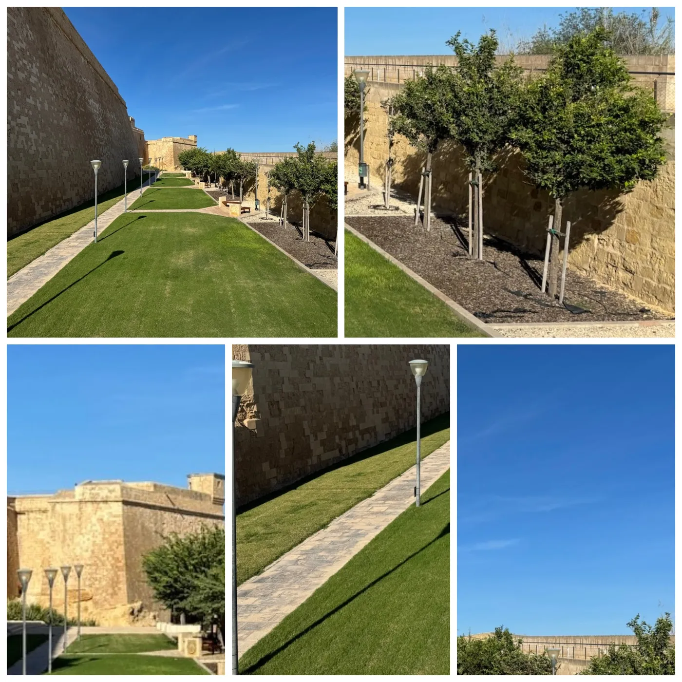 A square collage of five photos from Gozo, Malta, with two large photos on top and three narrow ones below, framed in white