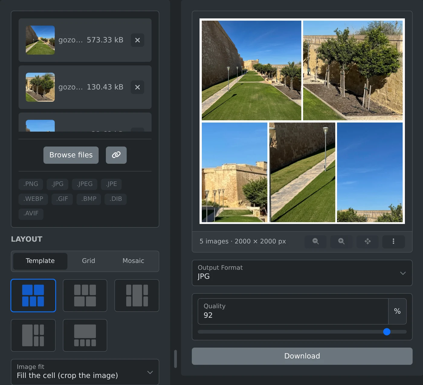 Image collage generator with five photos added, the first template for five photos selected, and the square preview with the Download button