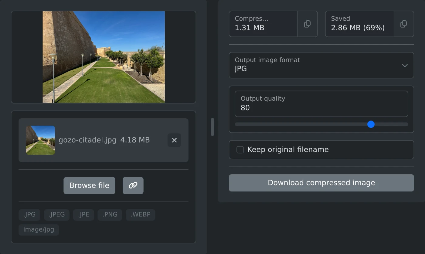 Image compressor with a 4.18 MB photo of the Gozo citadel at output quality 80, compressed to 1.31 MB and saving 69%