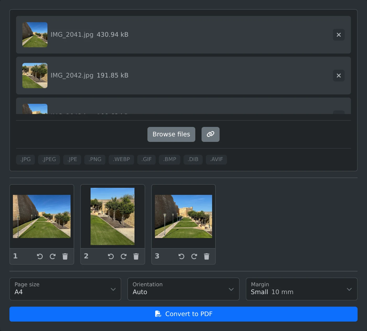 Convertisseur d’images en PDF avec trois photos chargées, le format A4 sélectionné et une petite marge de 10 mm
