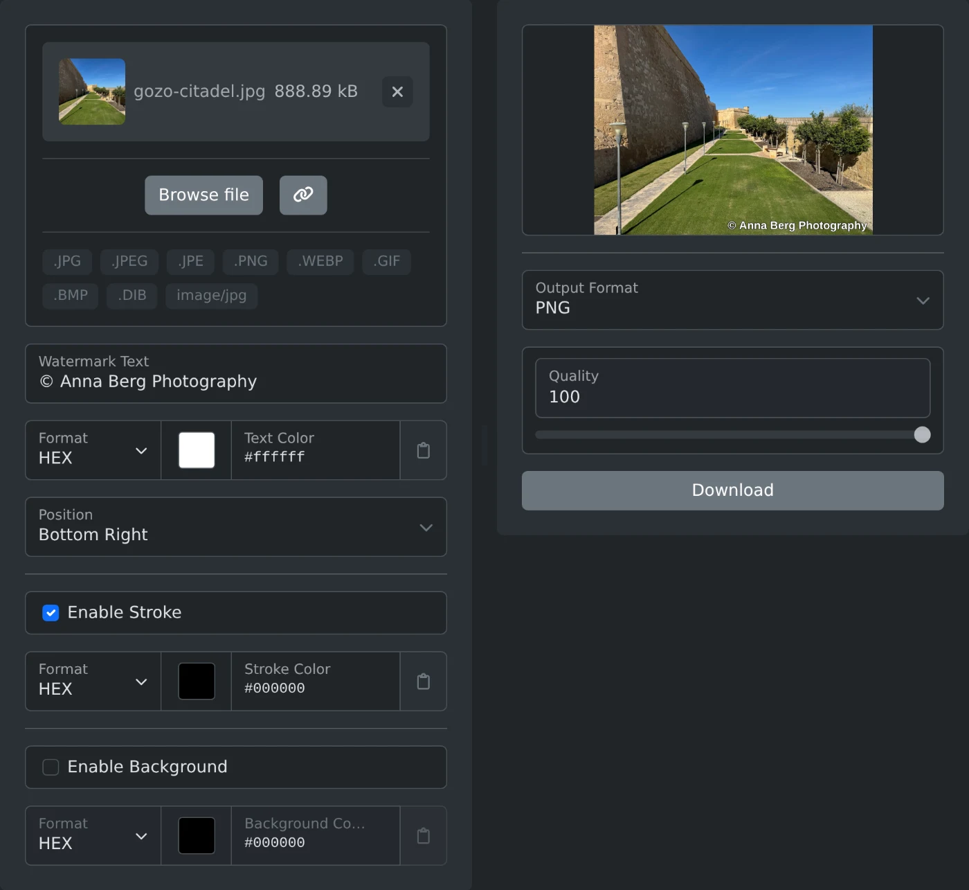 Image watermark adder with a photo of the Gozo citadel walls loaded and the text © Anna Berg Photography in the bottom right corner of the preview