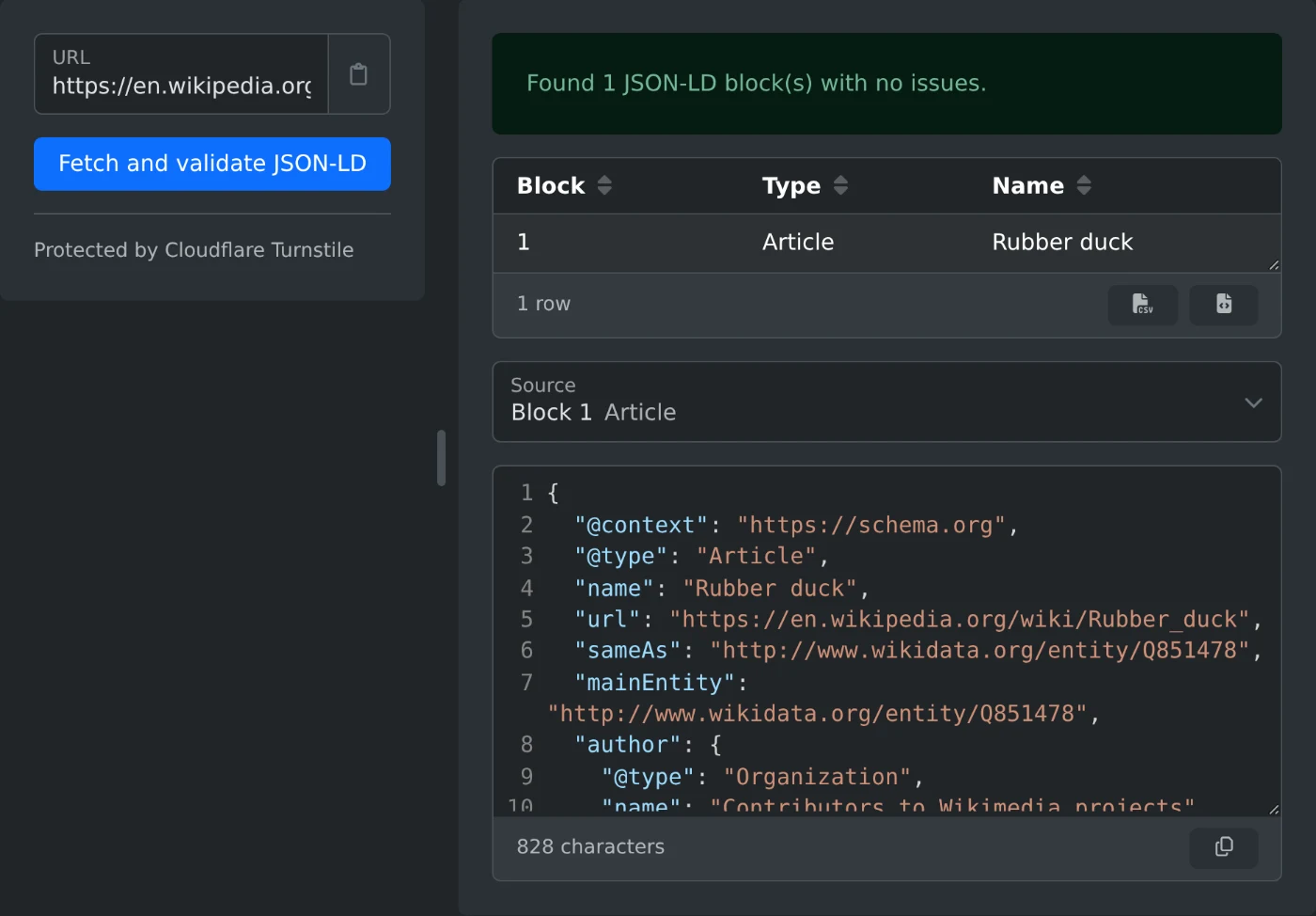 JSON-LD Validator after checking the Wikipedia article on the rubber duck: one block with no issues, one Article item, and the JSON of the block