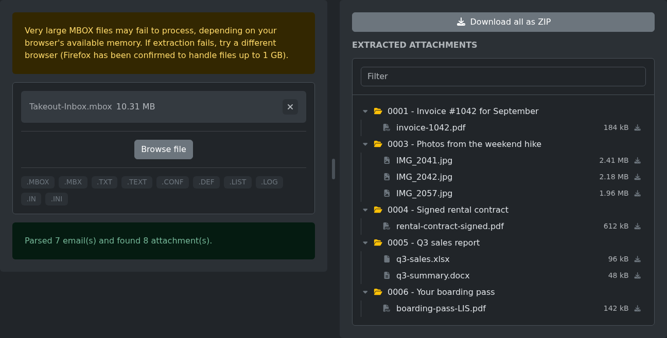 MBOX attachments extractor showing eight attachments from a mailbox export, grouped into folders by email subject