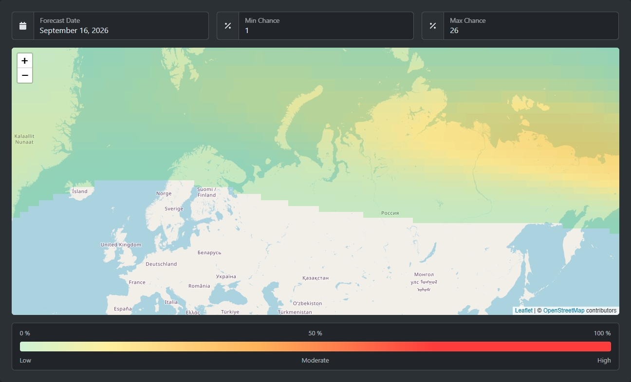 Aurora borealis forecast map showing the northern lights visibility band over Europe and Asia