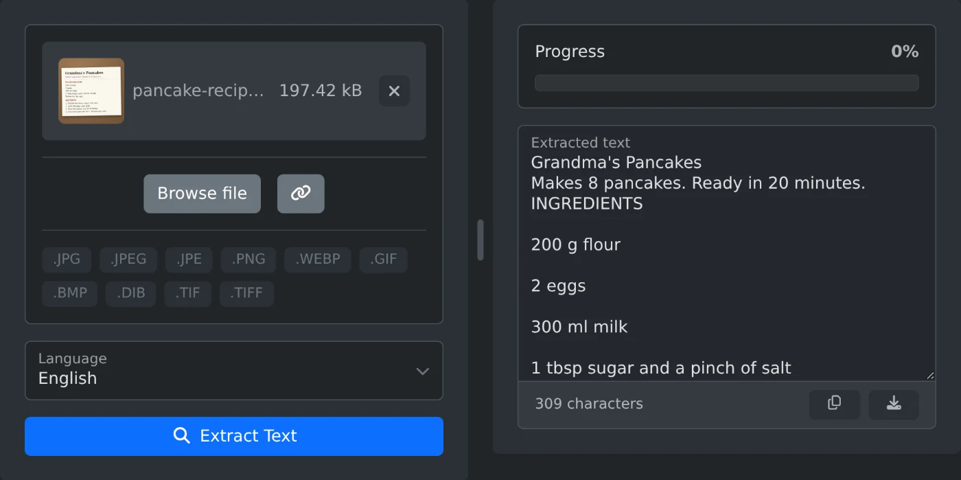 OCR Image Text Extractor with an image of a pancake recipe card loaded, English selected, and the recipe text extracted into the output box