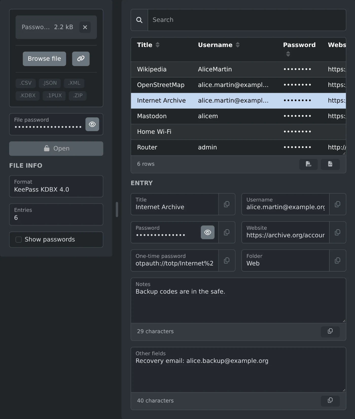 Password manager file viewer with a KeePass KDBX 4.0 database open, six entries in the table, and the Internet Archive entry selected
