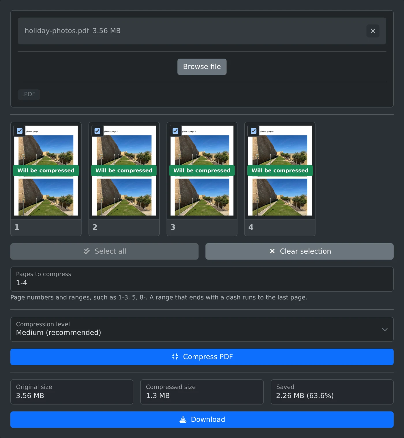 PDF compressor with a four page photo PDF loaded, all pages selected, and the result showing 3.56 MB compressed to 1.3 MB