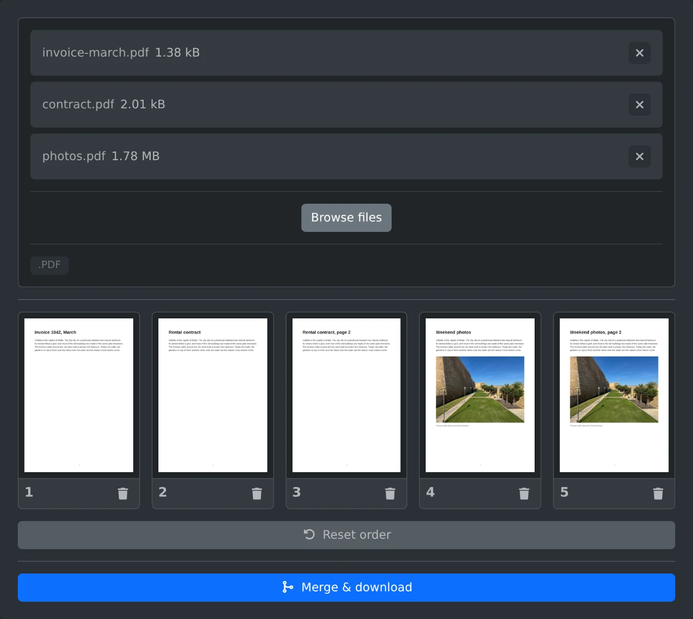 PDF merger with three uploaded files and their five pages shown as thumbnails above the Merge & download button