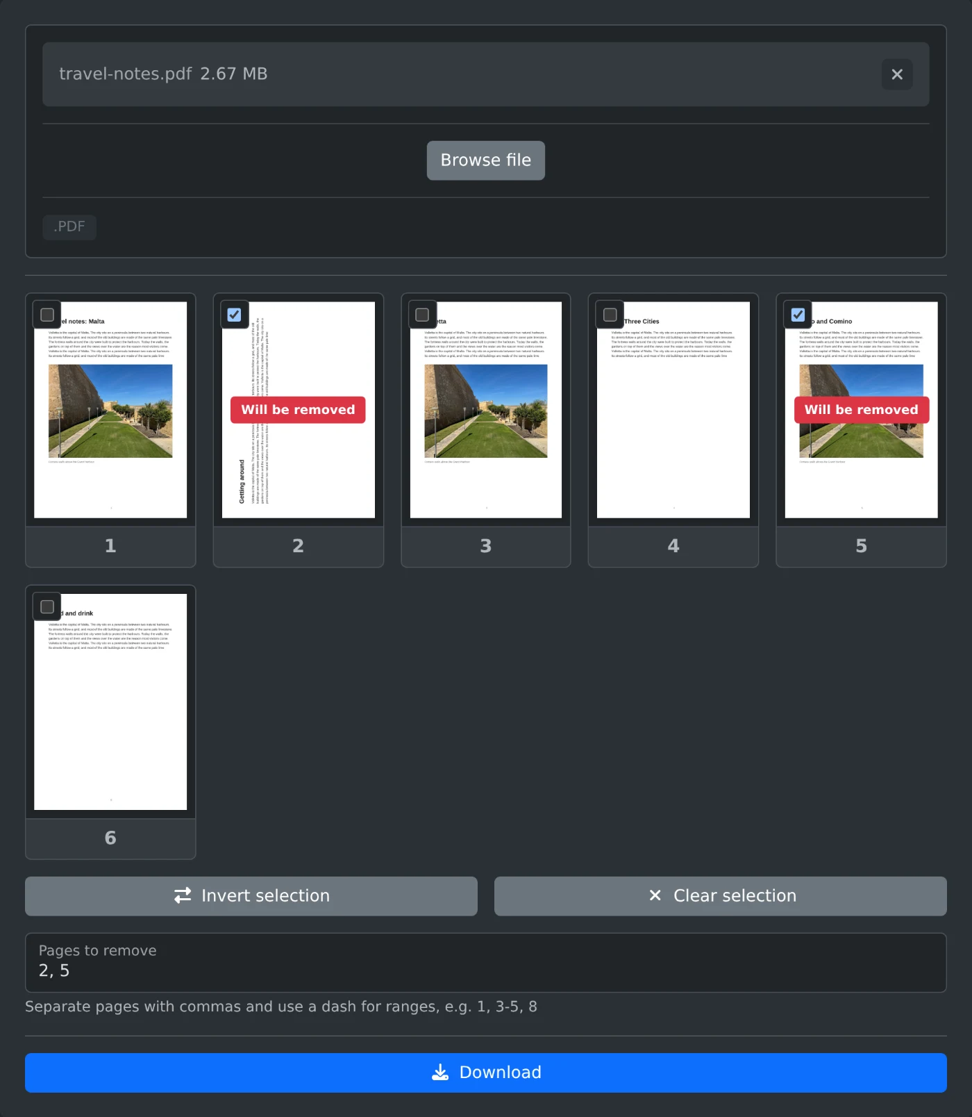 PDF page remover with a six page PDF loaded and pages 2 and 5 marked for removal