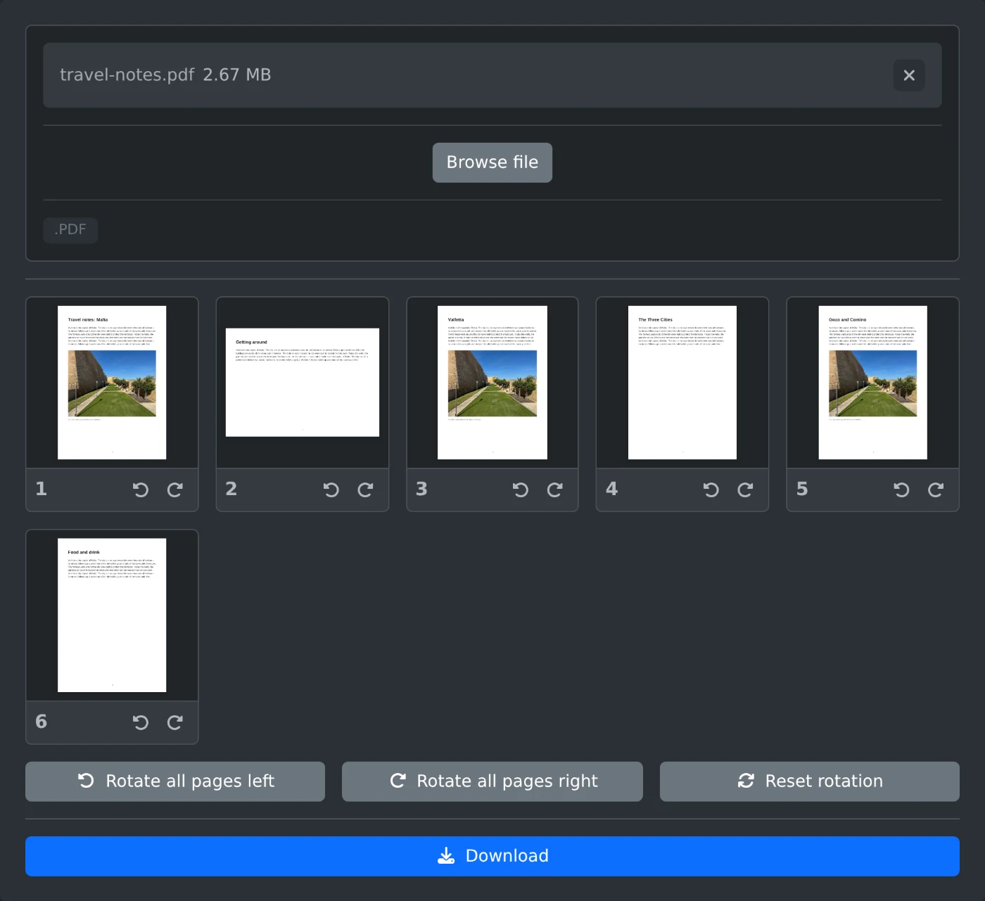 PDF page rotator with a six page PDF loaded and page 2 turned upright with the rotate buttons under it