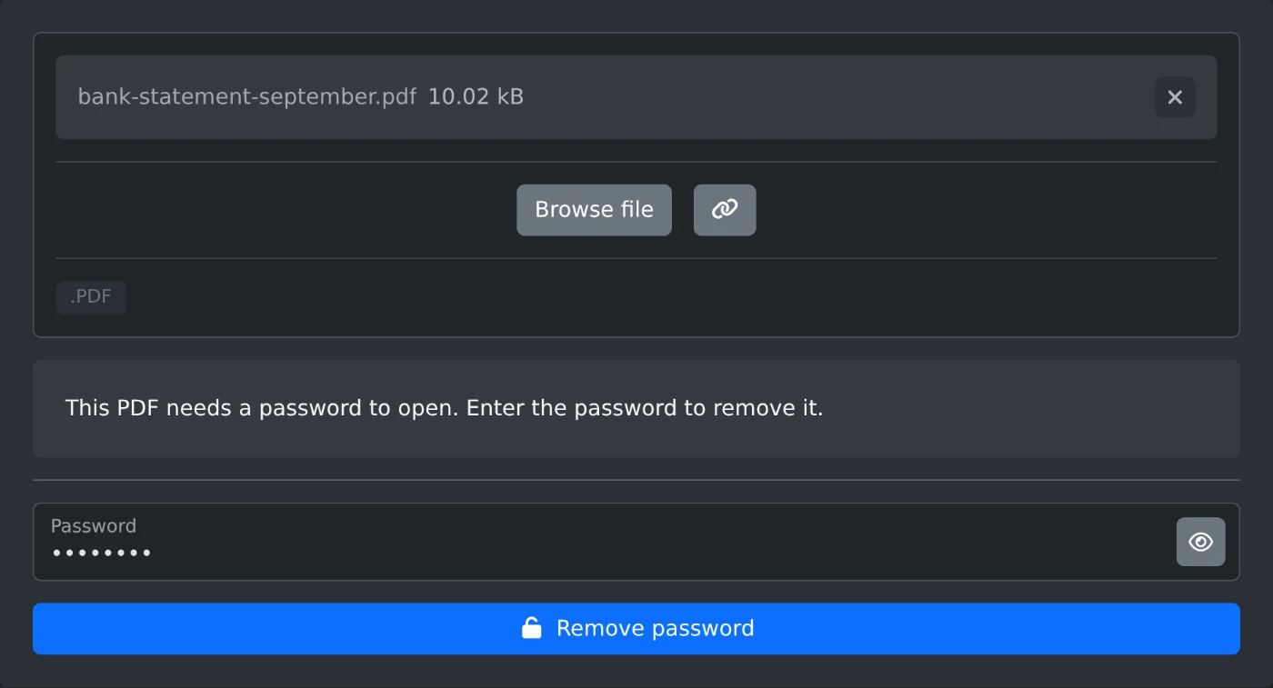 PDF-Passwortentferner mit einem geladenen, gesperrten Kontoauszug, dem Hinweis, dass ein Passwort benötigt wird, und dem im Passwortfeld eingegebenen Passwort