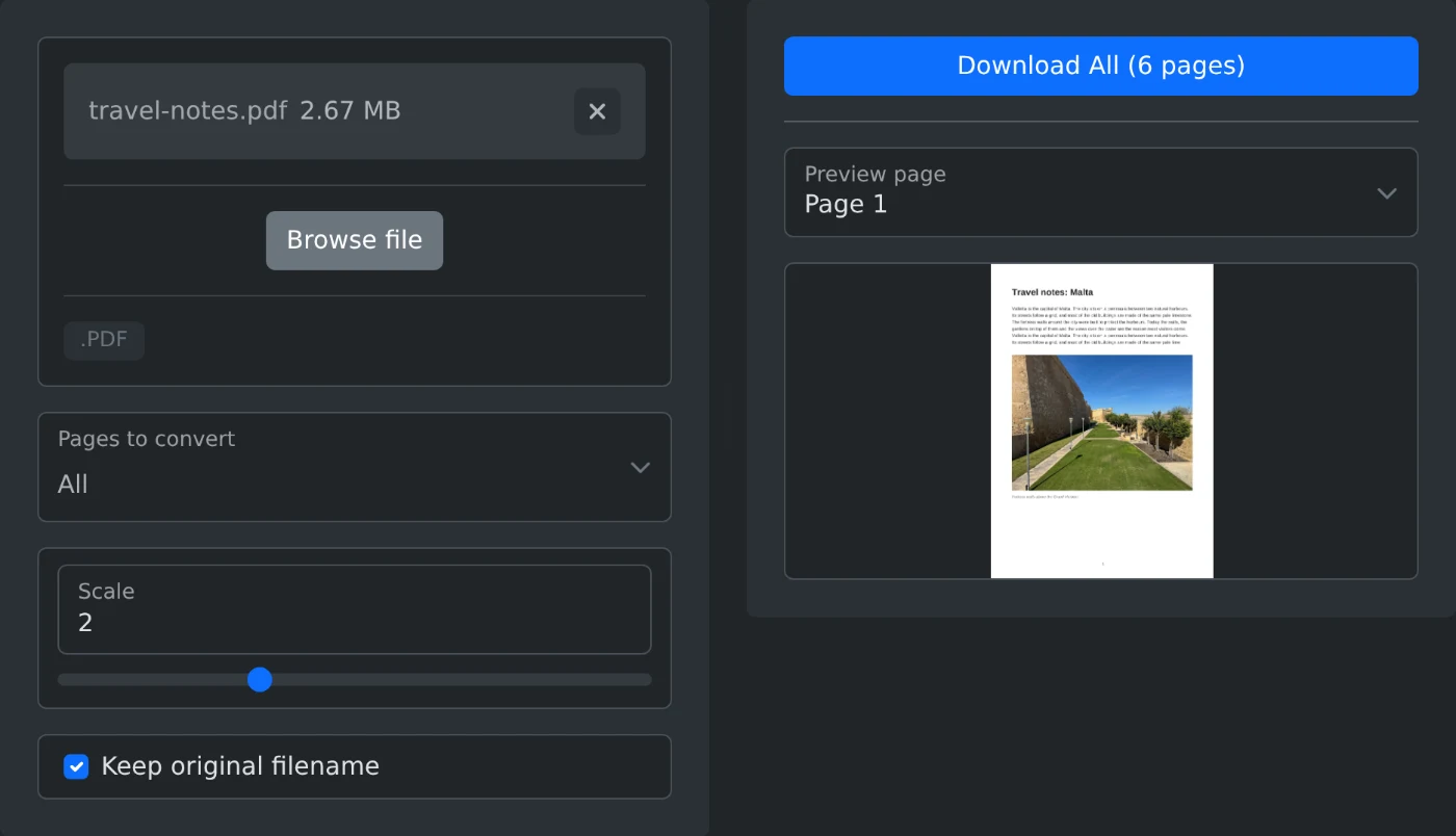 PDF to PNG converter with a six page PDF loaded, the scale set to 2, and page 1 shown in the preview next to the Download All button