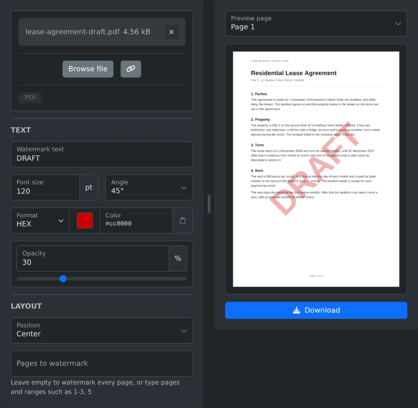 Strumento per aggiungere una filigrana a un PDF, con un contratto di locazione di tre pagine caricato e la filigrana rossa BOZZA a 120 pt nell’anteprima della pagina 1