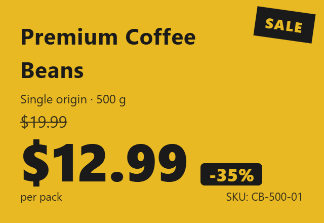 Premium Coffee Beans product banner with a yellow background. Text reads: “Premium Coffee Beans, Single origin · 500 g.” Original price $19.99 is crossed out, with a discounted price of $12.99 per pack and a “-35%” sale badge. SKU: CB-500-01.