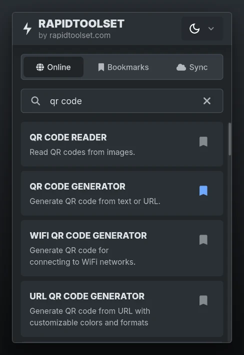The redesigned extension popup with search results for qr code and one tool bookmarked