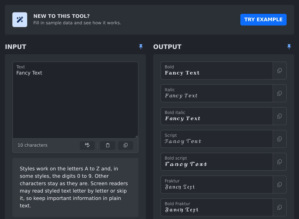 Fancy Text Generator with its example data filled in