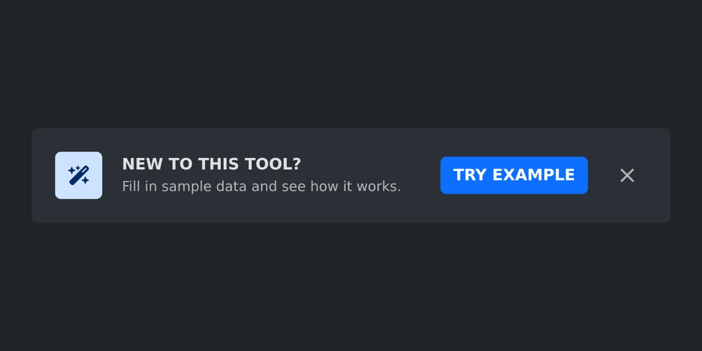 Die Leiste „Neu bei diesem Tool?“ mit der Schaltfläche „Beispiel ausprobieren“, die Beispieldaten einfügt