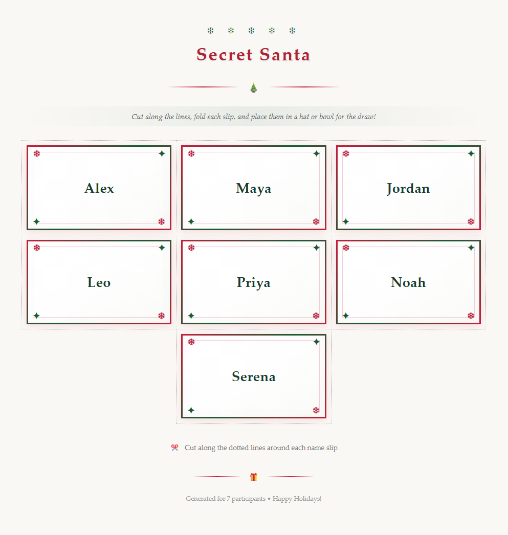 Example of generated Secret Santa slips. The image displays seven individual slips, each with a participant’s name centered within a red border. Names are: Alex, Maya, Jordan, Leo, Priya, Noah, and Serena. Instructions read 'Cut along the lines, fold each slip, and place them in a hat or bowl for the draw!' Below the slips is text indicating it's generated for 7 participants and wishes ‘Happy Holidays!'
