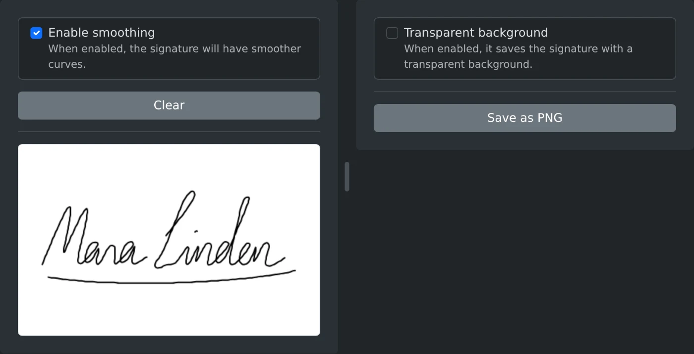 Signature drawing pad with the name Mara Linden signed in black ink on the white pad, smoothing turned on, and the Save as PNG button ready