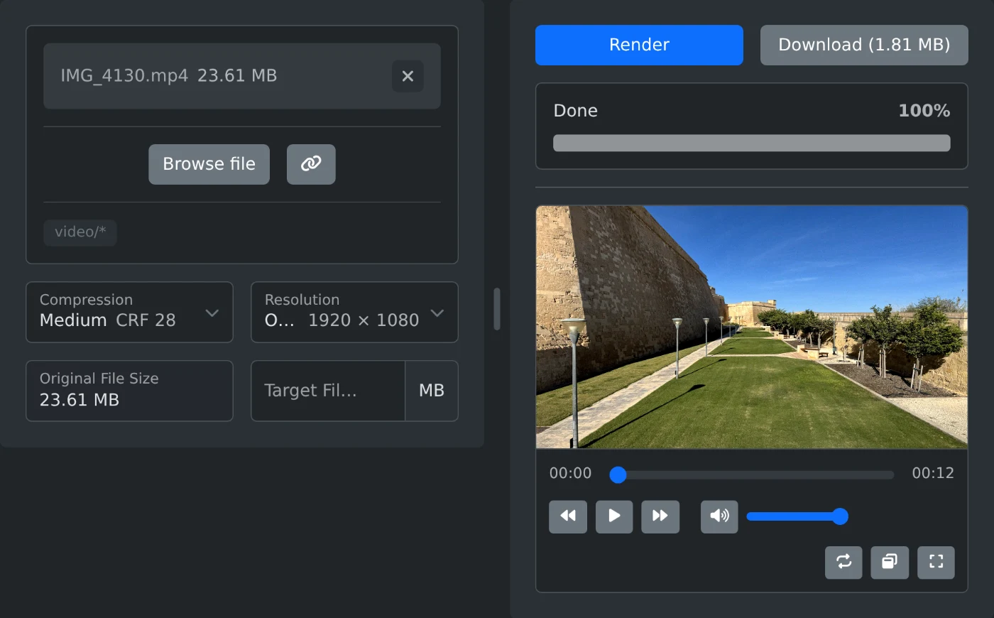 Video compressor with a 12 second 1080p phone video of 23.61 MB compressed at Medium to an MP4 of 1.81 MB