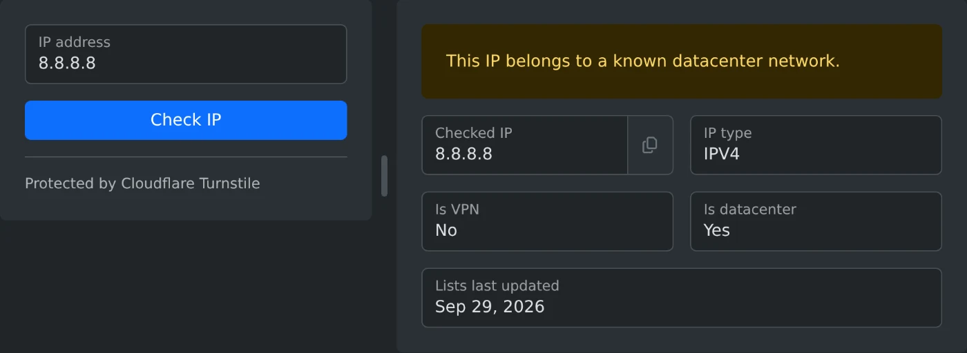 VPN & Datacenter IP Checker with 8.8.8.8 checked, a yellow message that the IP belongs to a known datacenter network, No for Is VPN and Yes for Is datacenter