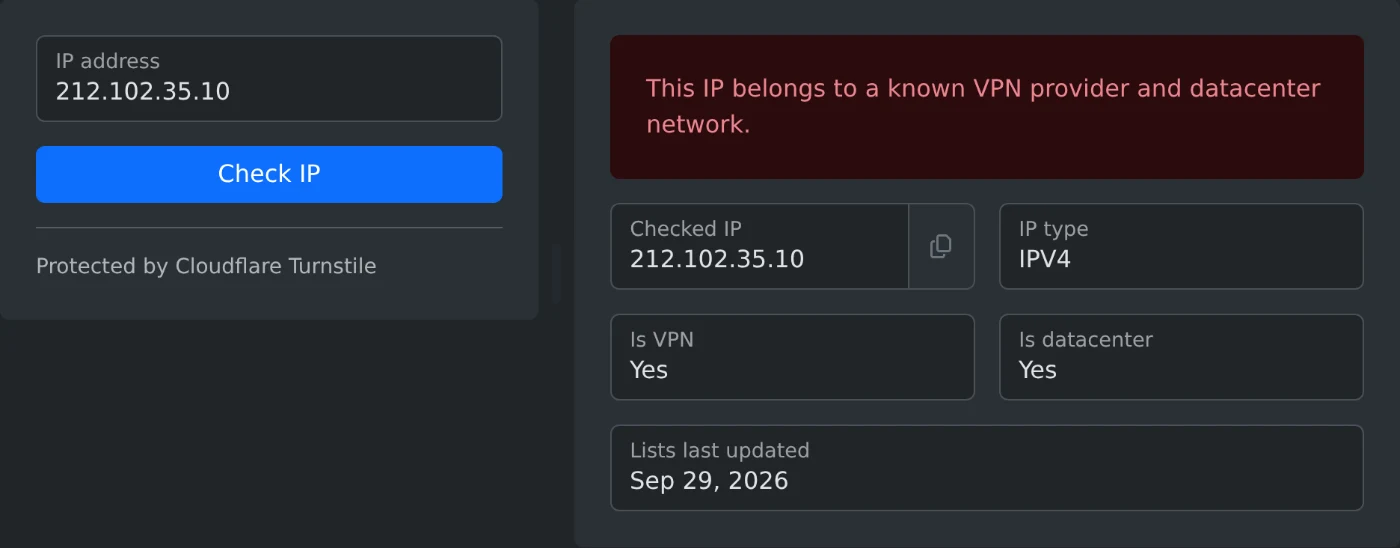 VPN & Datacenter IP Checker showing that 212.102.35.10 belongs to a known VPN provider and datacenter network, with Yes for Is VPN and Is datacenter